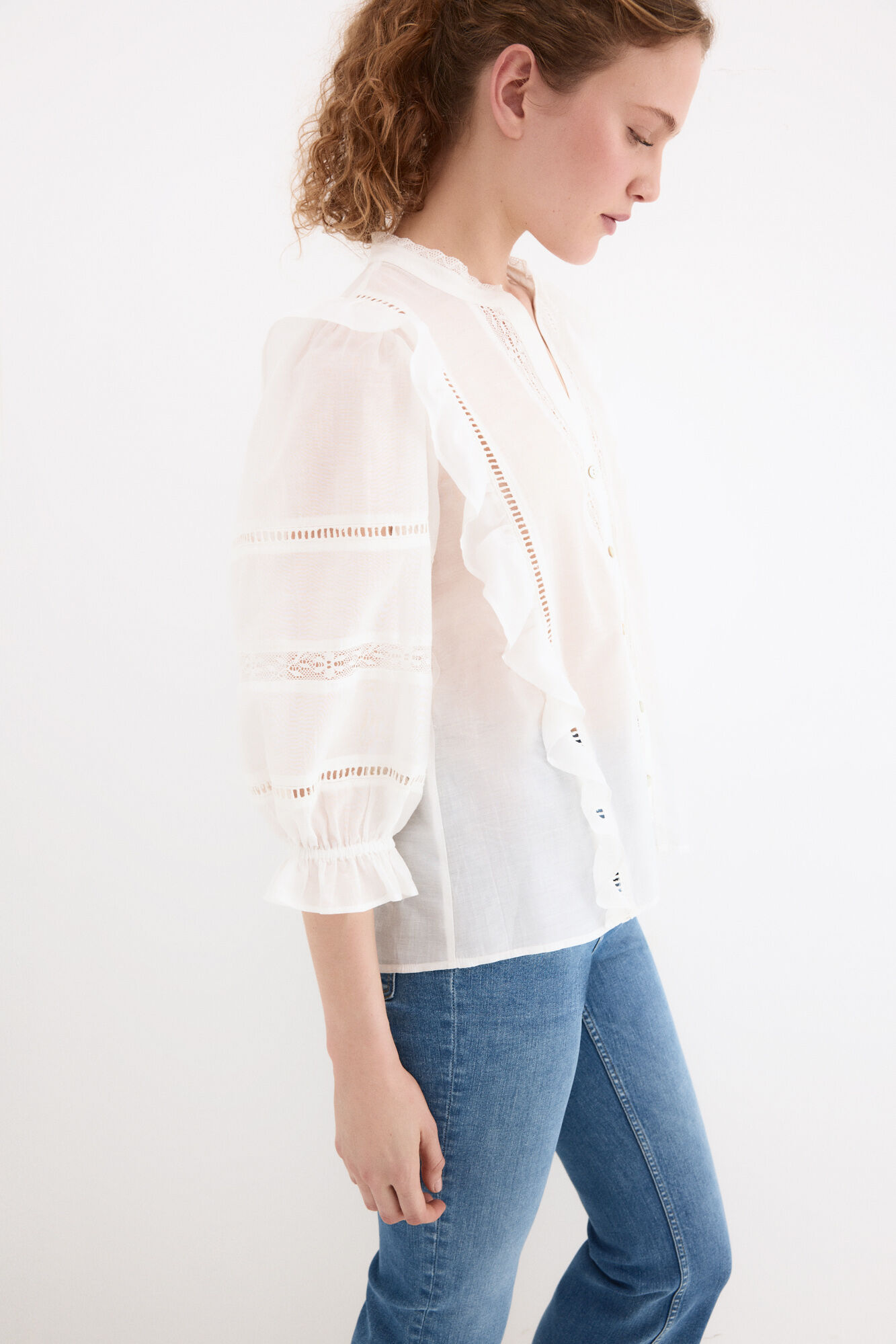 Pedro del Hierro Blusa rom&acirc;ntica com folhos Branco