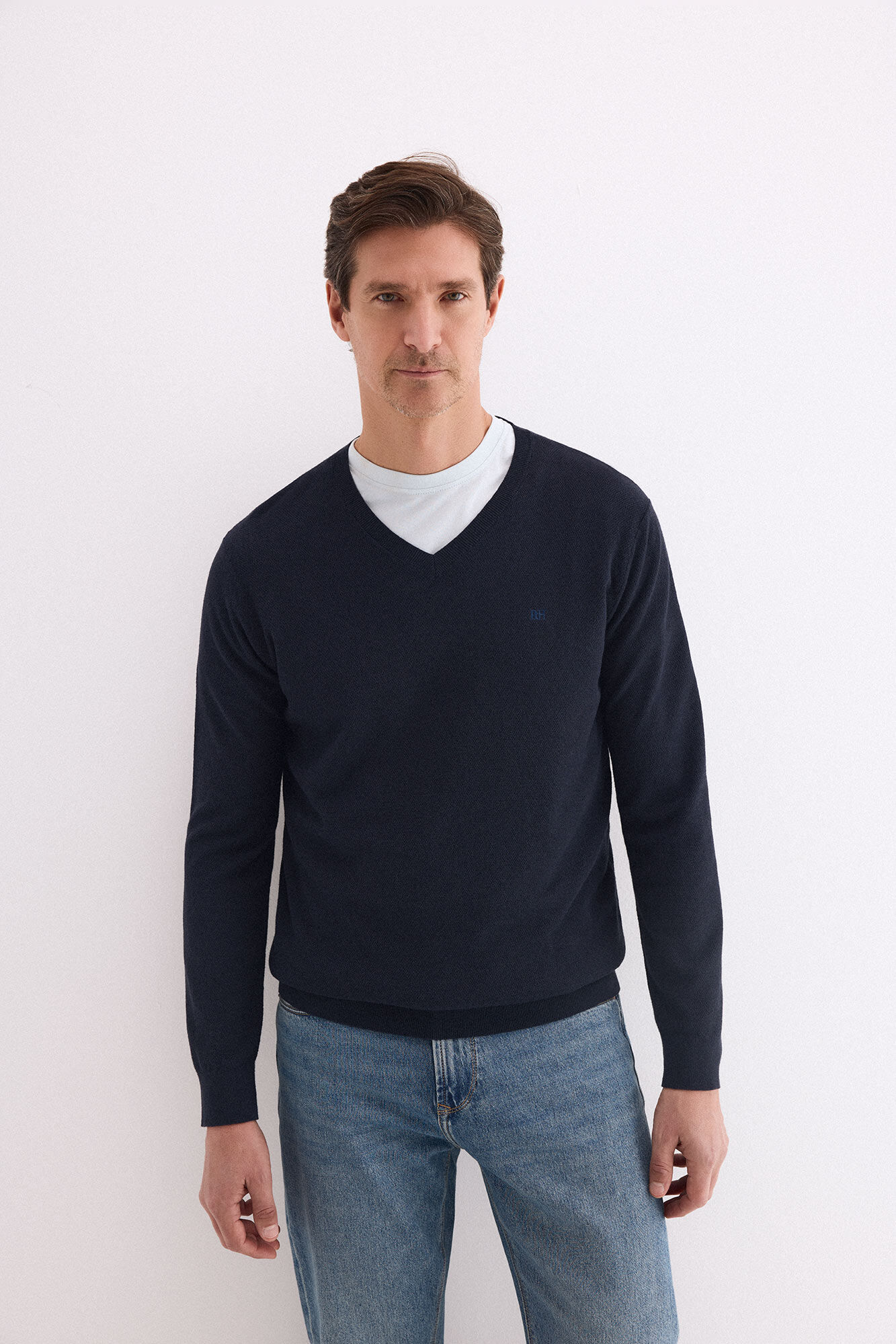 Pedro del Hierro Linen fine V-neck jumper Blue