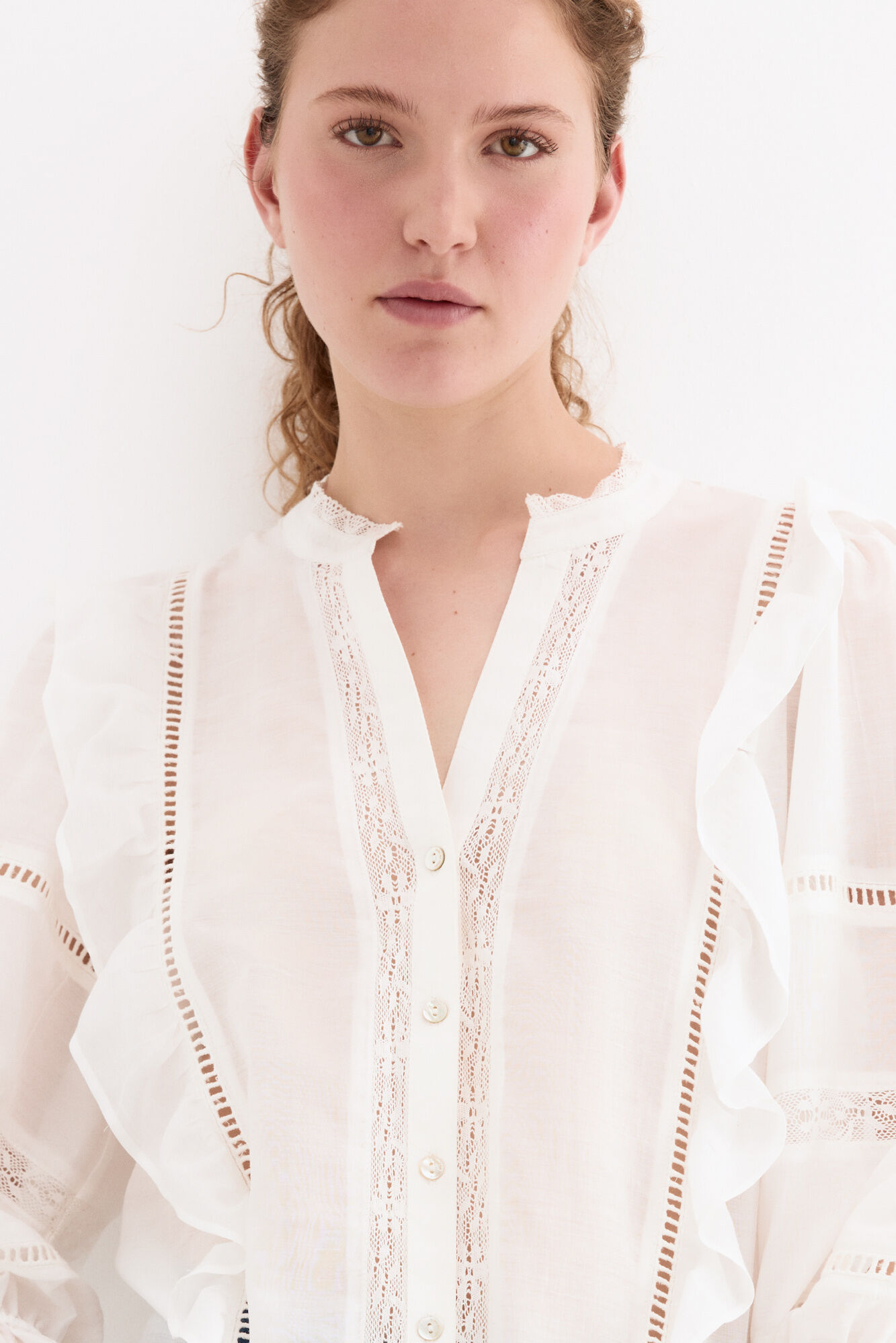 Pedro del Hierro Blusa rom&acirc;ntica com folhos Branco