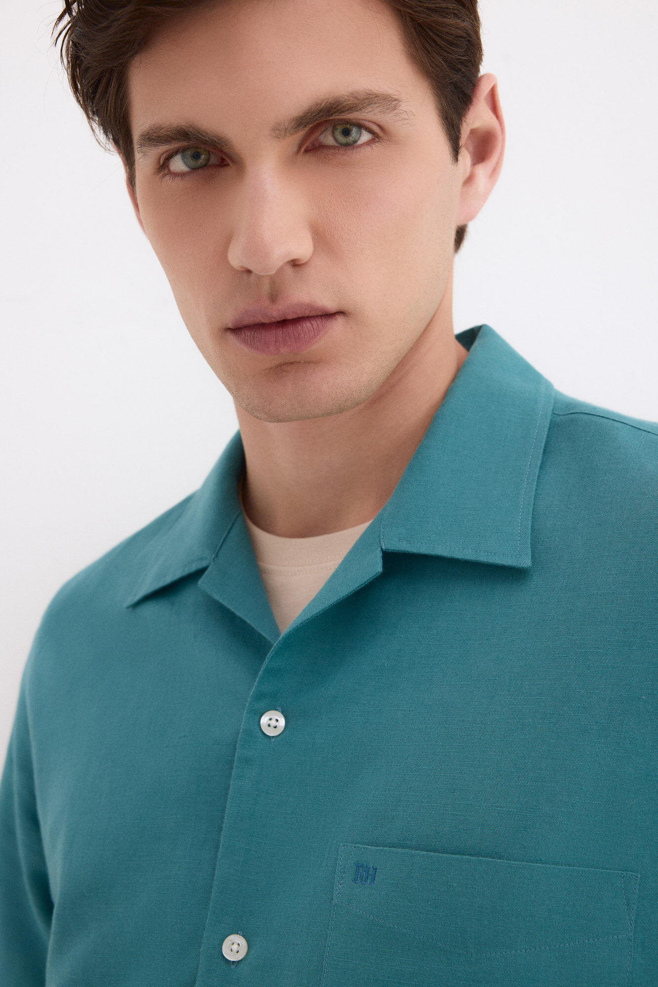 Pedro del Hierro Linen cotton short sleeve shirt Turquoise