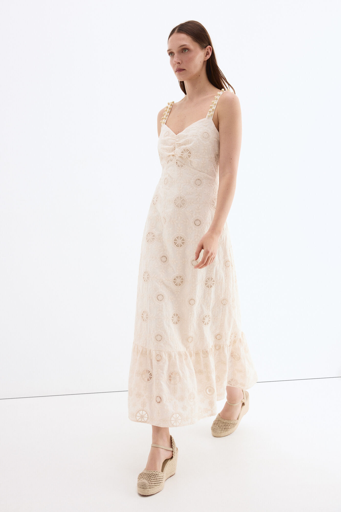 Pedro del Hierro Embroidered cotton long dress Ecru