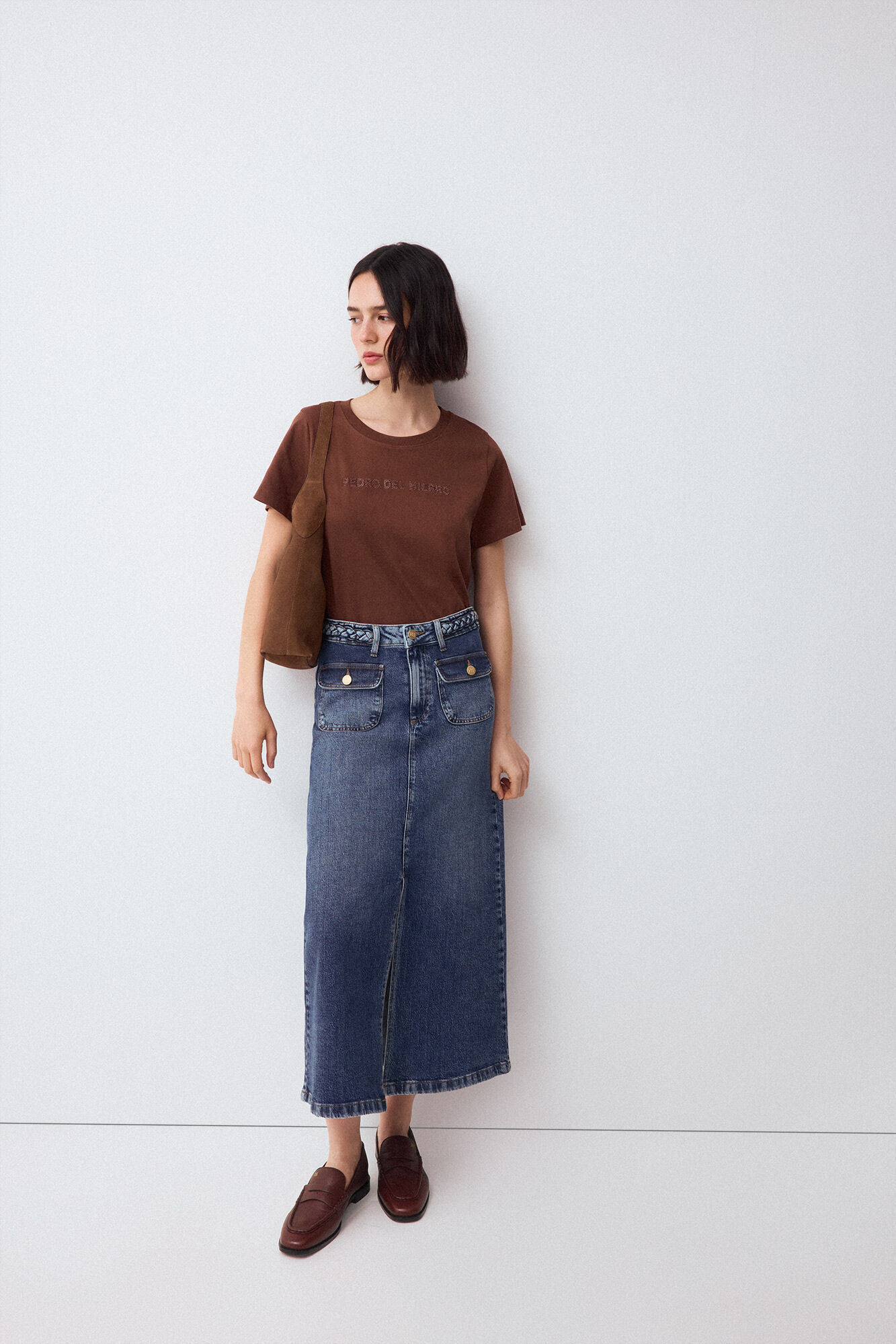 Pedro del Hierro Denim straight skirt with braided detail