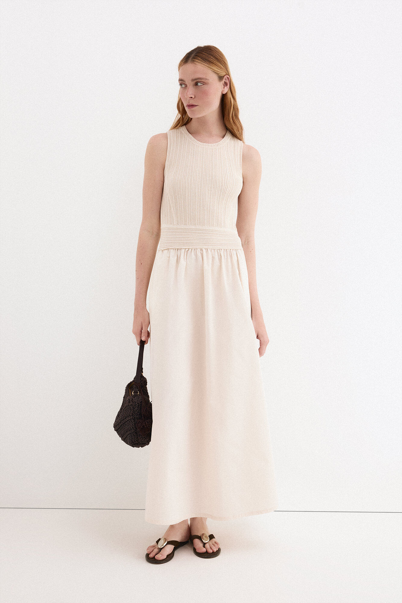 Pedro del Hierro Combined knit bodice dress Ecru