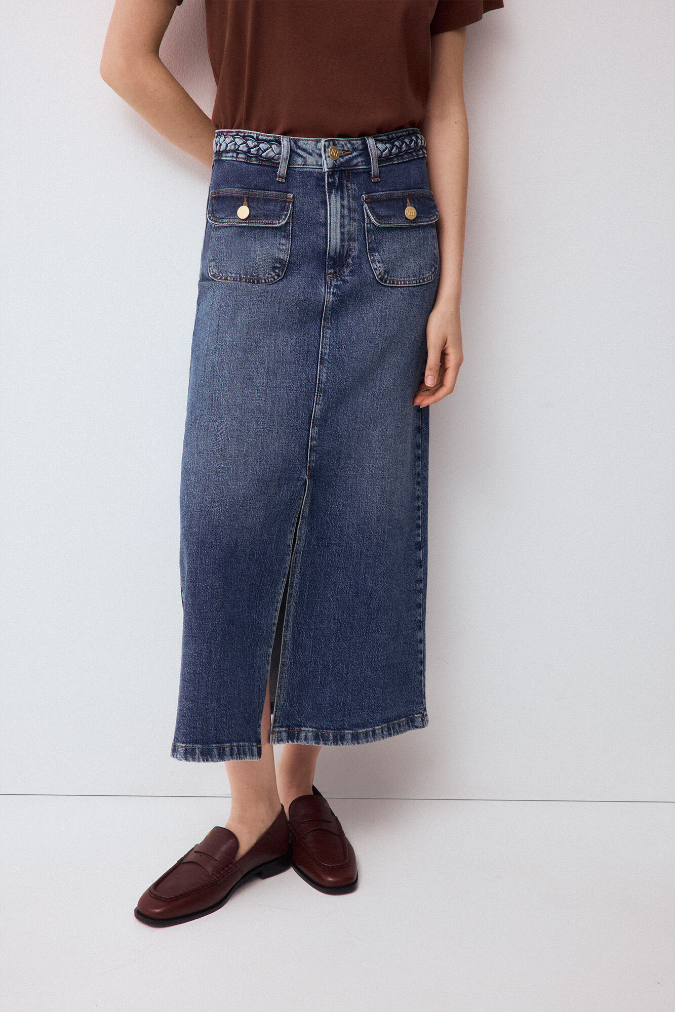 Pedro del Hierro Denim straight skirt with braided detail